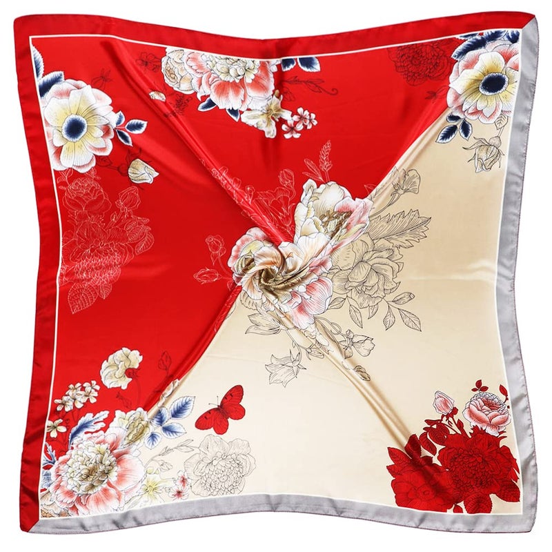 vabovin Silk Like Head Scarf 35 x 35 Square Hair Scarves Women Headscarf for Sleeping Red Light Yellow Flower Pattern - Image 2