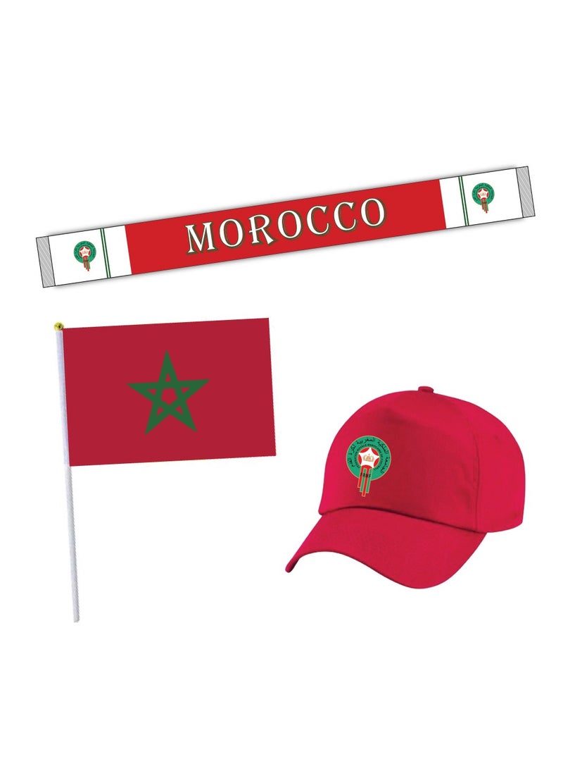 Morocco Sports Combo Pack - Gifts for Sports Fan - Embroidered Cap - Scarf - Flag - Flag Pin - Drawstring Bag - Image 1