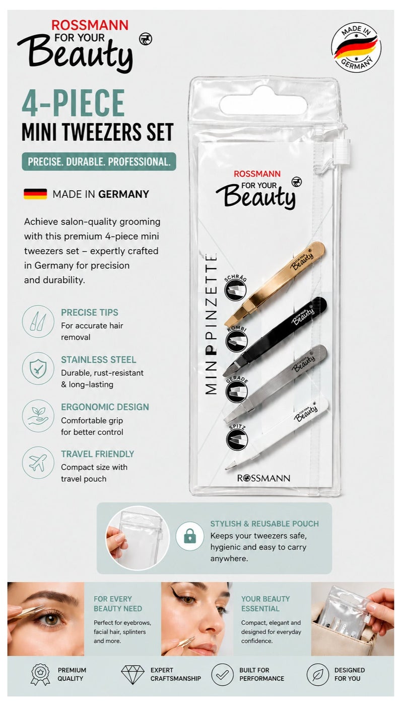 ROSSMANN German Brand -Mini Tweezers Set- 4 Pieces - Made in Germany with Reusable Case - Image 2