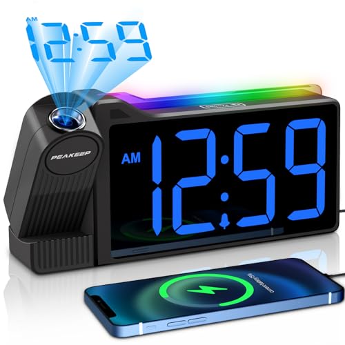 Peakeep Projection Alarm Clock for Bedroom Ceiling 180° Rotatable, Loud for Heavy Sleepers, Colorful Nightlight, 5 Brightness Dimmable Large Number Bedside Electric LED Digital Clock with USB Port - Image 1