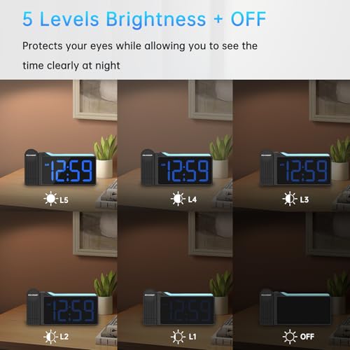 Peakeep Projection Alarm Clock for Bedroom Ceiling 180° Rotatable, Loud for Heavy Sleepers, Colorful Nightlight, 5 Brightness Dimmable Large Number Bedside Electric LED Digital Clock with USB Port - Image 5