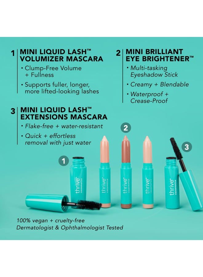 Thrive Causemetics Mini Makeup Essentials Bundle with Makeup Bag, Deluxe Mini Liquid Lash Extensions & Volumizer Mini Mascaras, Brynn (Rich Black), Mini Eye Brightener Highlighter Sticks - 3 Shades - Image 2