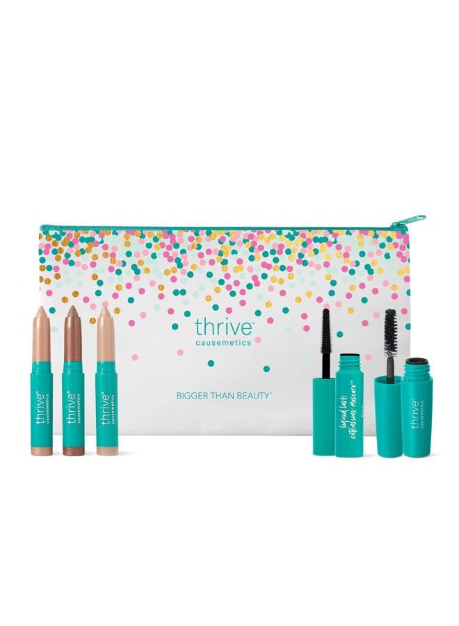 Thrive Causemetics Mini Makeup Essentials Bundle with Makeup Bag, Deluxe Mini Liquid Lash Extensions & Volumizer Mini Mascaras, Brynn (Rich Black), Mini Eye Brightener Highlighter Sticks - 3 Shades - Image 1