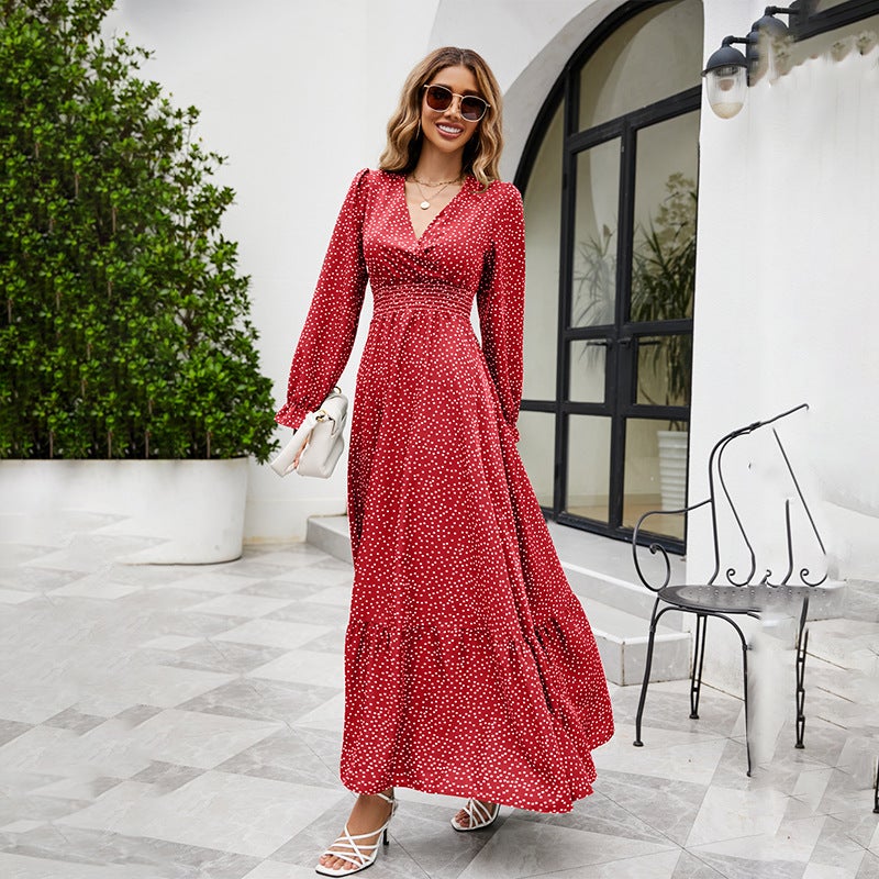 Spring Gentle Womens Elegant V-neck Long-sleeved dress Autumn and Winter Waist Slimming Coat Inner Long Skirt red wave point