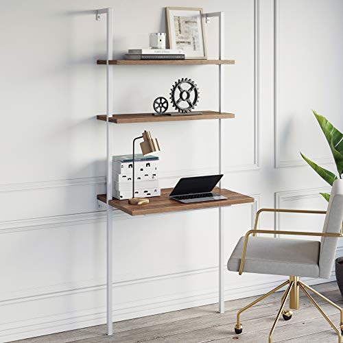 Nathan James Theo 2Shelf Industrial Wall Mount Ladder Small Computer or Writing Desk Rustic OakWhite