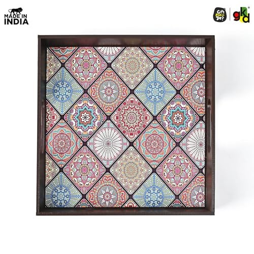 Gift Kya De GKD Wooden Square Serving Tray – Vibrant Mandala Design – 11x11 Inch Tea, Coffee, Snack Tray – Decorative Tray for Home, Kitchen & Dining Table - Image 2