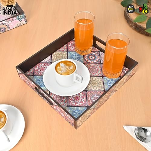 Gift Kya De GKD Wooden Square Serving Tray – Vibrant Mandala Design – 11x11 Inch Tea, Coffee, Snack Tray – Decorative Tray for Home, Kitchen & Dining Table - Image 5