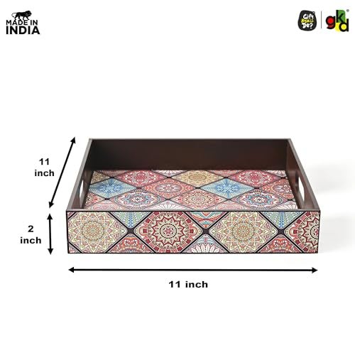 Gift Kya De GKD Wooden Square Serving Tray – Vibrant Mandala Design – 11x11 Inch Tea, Coffee, Snack Tray – Decorative Tray for Home, Kitchen & Dining Table - Image 3