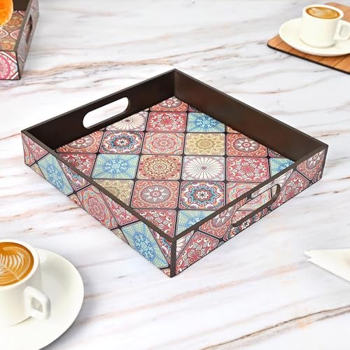 Gift Kya De GKD Wooden Square Serving Tray – Vibrant Mandala Design – 11x11 Inch Tea, Coffee, Snack Tray – Decorative Tray for Home, Kitchen & Dining Table - Image 1