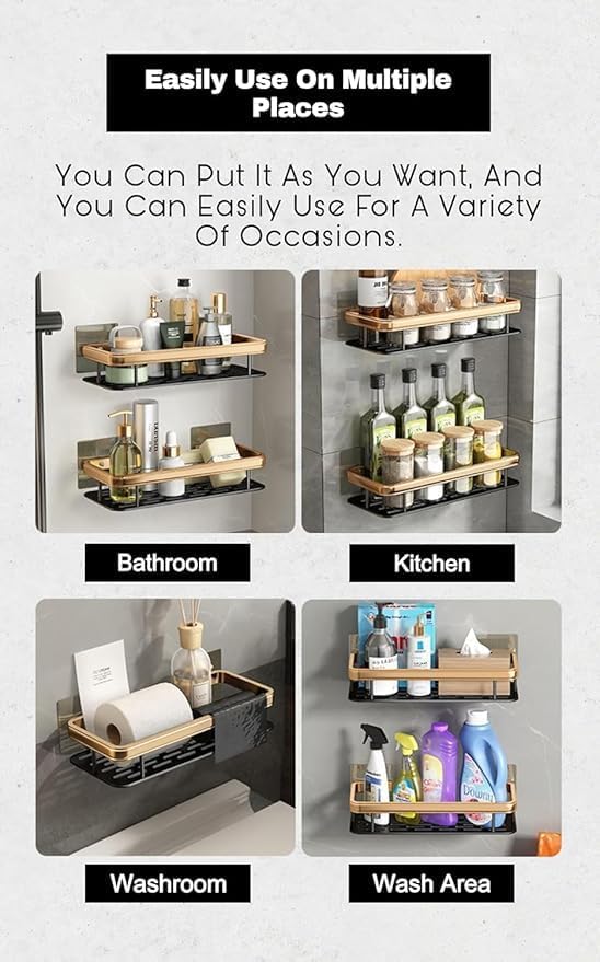 SHOPECOM منظم الحمام من شوبيكوم رف زاوية من الألمنيوم للجدار، مقاوم للصدأ بدون مسامير، منظم حامل رف الحمام، حامل جدار لملحقات الحمام، الألمنيوم ثقيل الوزن باللون الذهبي - Image 4