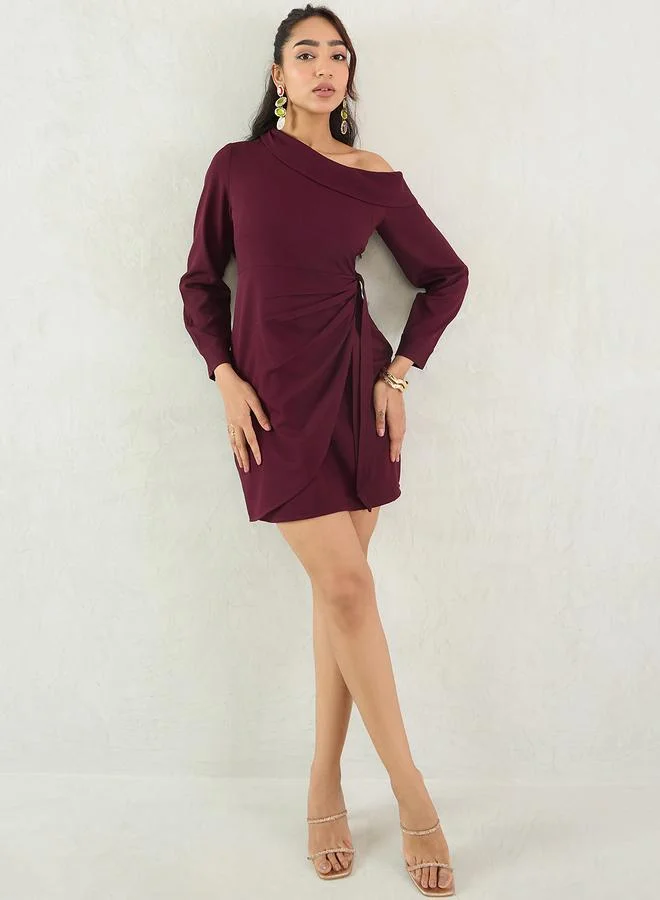 Femmella Wine One Shoulder Wrap Mini Dress