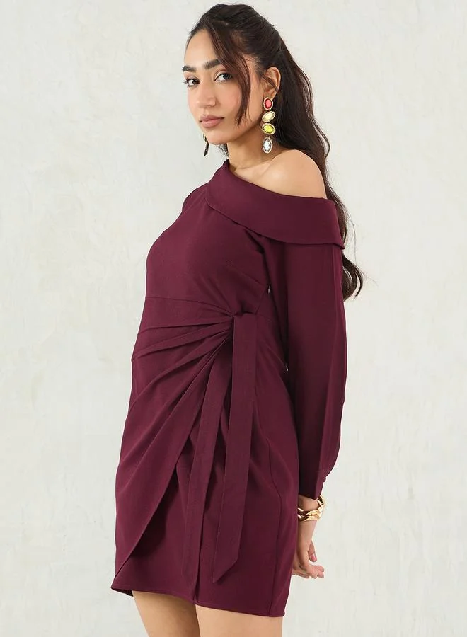 Femmella Wine One Shoulder Wrap Mini Dress
