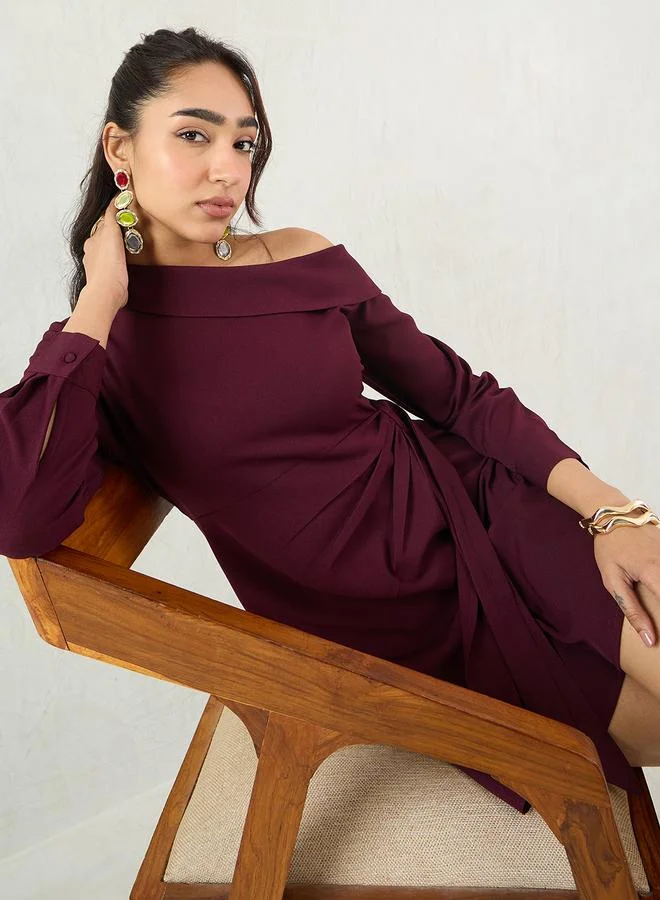 Femmella Wine One Shoulder Wrap Mini Dress