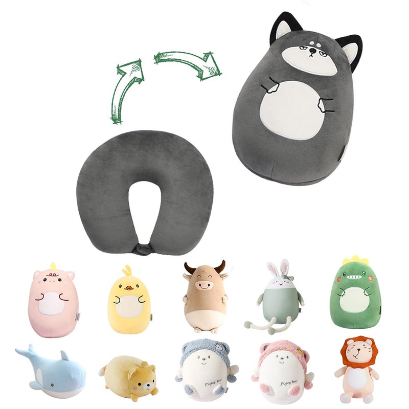 stocaggio Kids Travel Pillow - 2-in-1 Deformable Kids Neck Pillow for Traveling, Soft U-Shaped Pillow with Adorable Animal Design, Comfy Sleep and Play, Ideal for Airplanes and Cars - Gray Husky - Image 1