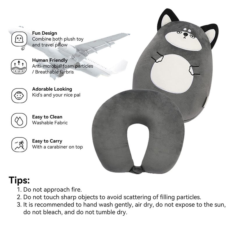stocaggio Kids Travel Pillow - 2-in-1 Deformable Kids Neck Pillow for Traveling, Soft U-Shaped Pillow with Adorable Animal Design, Comfy Sleep and Play, Ideal for Airplanes and Cars - Gray Husky - Image 3