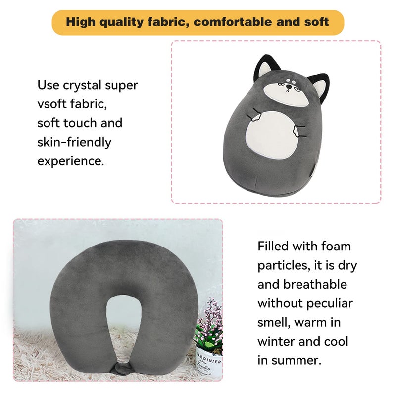 stocaggio Kids Travel Pillow - 2-in-1 Deformable Kids Neck Pillow for Traveling, Soft U-Shaped Pillow with Adorable Animal Design, Comfy Sleep and Play, Ideal for Airplanes and Cars - Gray Husky - Image 4