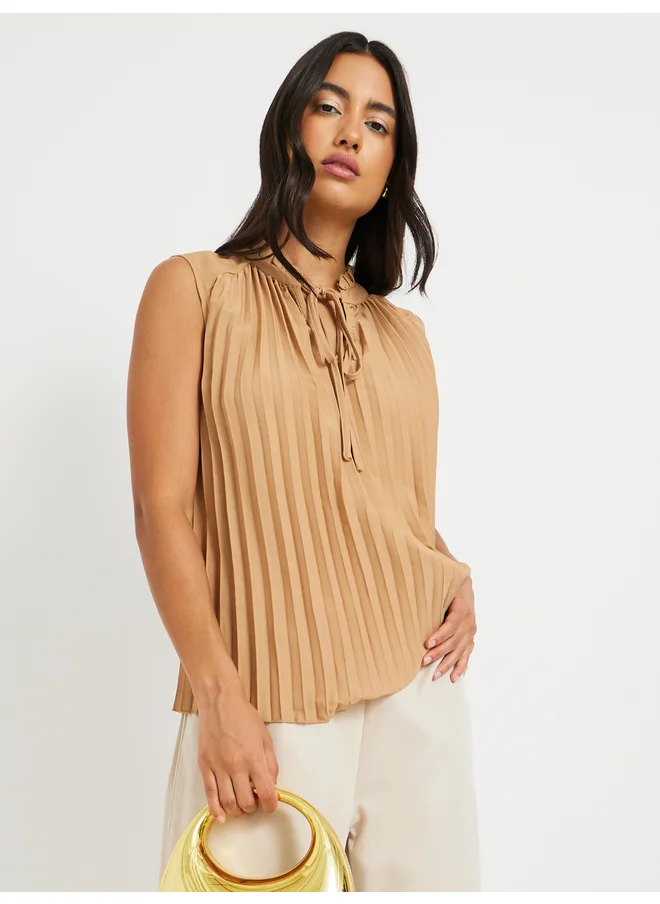 Take Two Take Two Pleated Sleeveless Tie-Up Neck Top