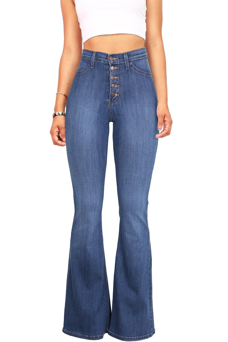 Vibrant Womenâ€™s Flare Denim Jeans â€“ High Waisted Button Up Bell Bottom Stretch Classic Flared Pants VP1115 MStone 11 - Image 1
