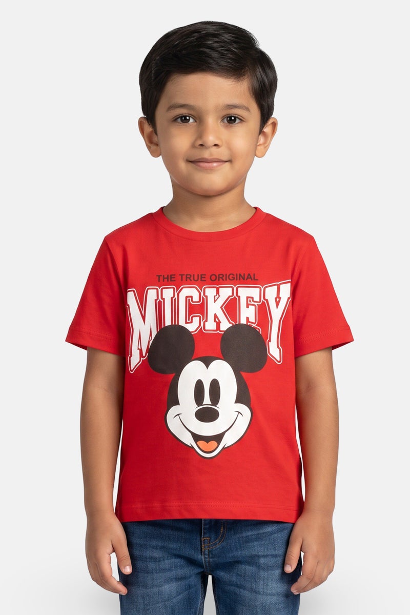 Disney Kids Boy Crew Neck Short Sleeve Mickey Mouse Print T-Shirt, Red - Image 1