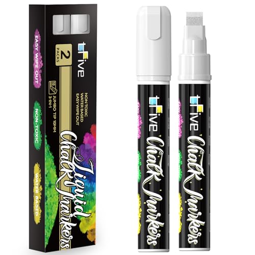 TFIVE White Liquid Chalk Markers - 2 Pack Jumbo Chalk Pens with 10mm 3 in 1 Nib Wide Tips, Dry & Wet Erase Marker Pens for Glass, Chalkboard, BlackBoard, Windows, Calendar, Pumpkin, Mirror - Image 1