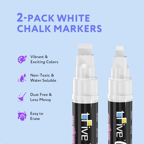 TFIVE White Liquid Chalk Markers - 2 Pack Jumbo Chalk Pens with 10mm 3 in 1 Nib Wide Tips, Dry & Wet Erase Marker Pens for Glass, Chalkboard, BlackBoard, Windows, Calendar, Pumpkin, Mirror - Image 2
