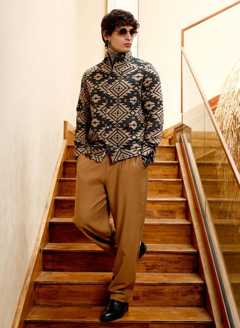 Campus Sutra  Men's Obsidian Black & Khaki Beige Contrast Aztec-Block Jacquard Shirt for Men | Best Price UAE