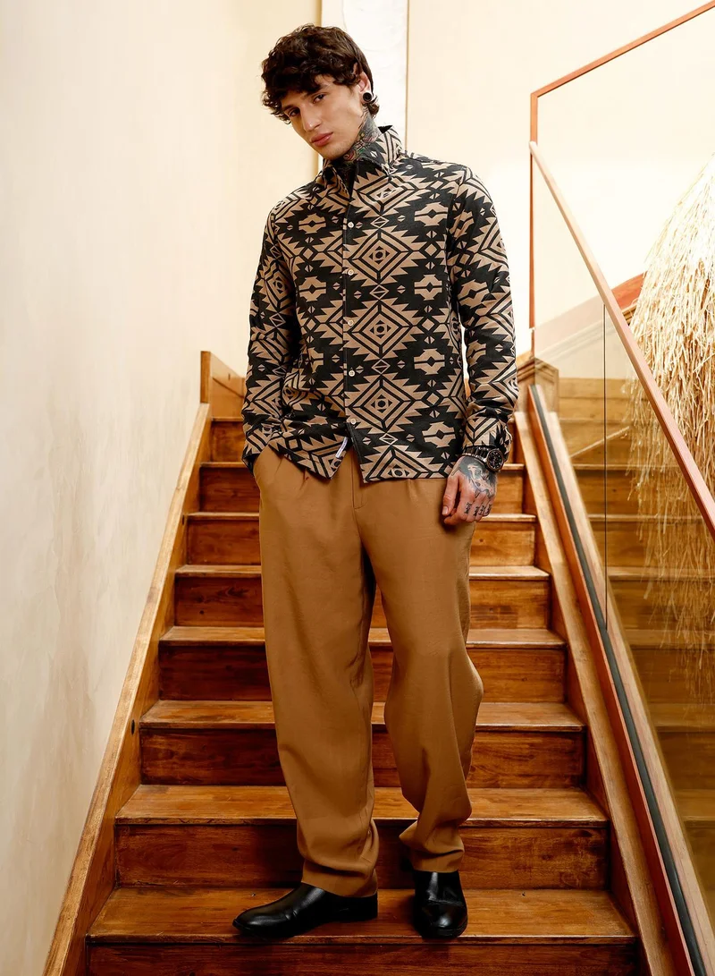 Campus Sutra  Men's Obsidian Black & Khaki Beige Contrast Aztec-Block Jacquard Shirt for Men | Best Price UAE