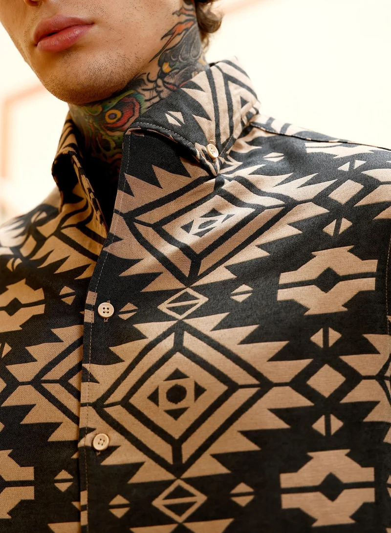 Campus Sutra  Men's Obsidian Black & Khaki Beige Contrast Aztec-Block Jacquard Shirt for Men | Best Price UAE