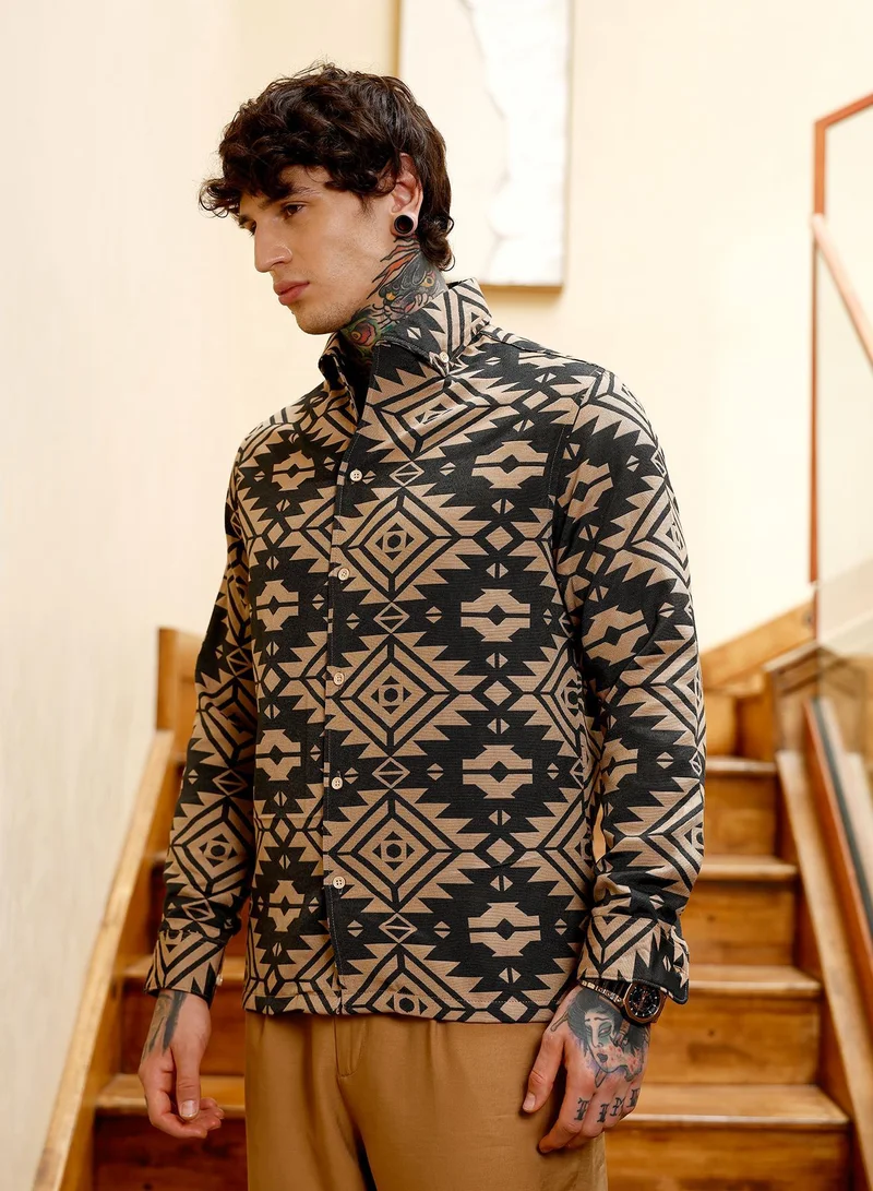 Campus Sutra  Men's Obsidian Black & Khaki Beige Contrast Aztec-Block Jacquard Shirt for Men | Best Price UAE