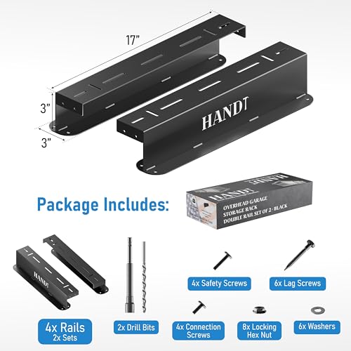 HANDT Overhead Garage Storage Rack, Connectable Heavy Duty Metal Ceiling Rails For Garage Storage Organization Shelving System, Hanging Racks For Tote Containers, Supports Up To 3 Bins, 2 Sets Black - Image 4