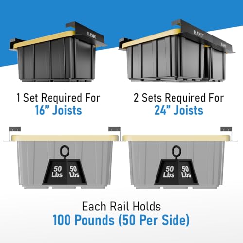 HANDT Overhead Garage Storage Rack, Connectable Heavy Duty Metal Ceiling Rails For Garage Storage Organization Shelving System, Hanging Racks For Tote Containers, Supports Up To 3 Bins, 2 Sets Black - Image 5