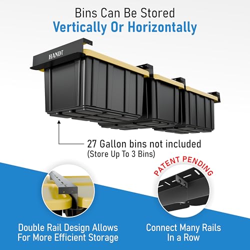 HANDT Overhead Garage Storage Rack, Connectable Heavy Duty Metal Ceiling Rails For Garage Storage Organization Shelving System, Hanging Racks For Tote Containers, Supports Up To 3 Bins, 2 Sets Black - Image 2