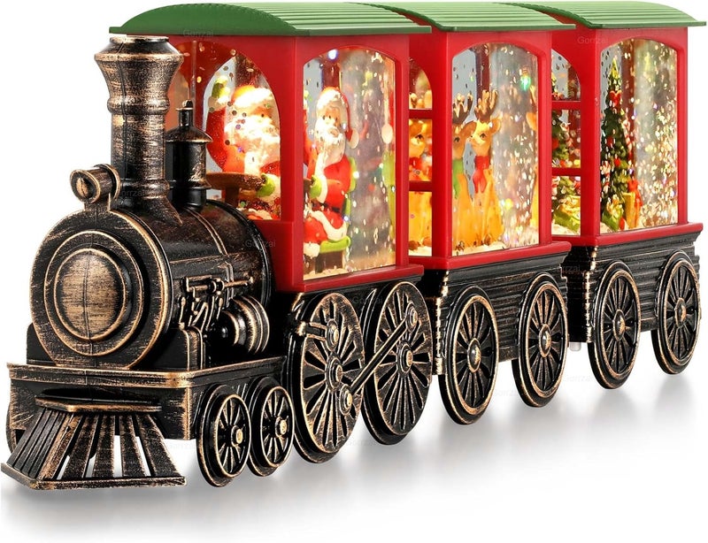 Gorrzai Train Snow Globe Christmas Snow Globe Lantern with Auto 6H Timer and Manual Glitter, Lighted Christmas Decorations Indoor with Santa Claus Reindeer Tree for Home Tabletop, Battery Operated - Image 1