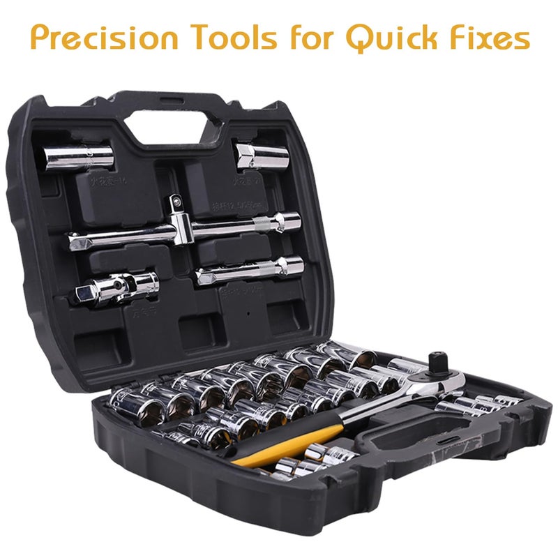 Deli EDL1032 1/2" 32Pcs Socket Set Cr-V with Heavy-Duty Case 3-Way Sliding & Universal Joint Extension Bar Ratchet Wrench Dodecagon Spark Plug Sockets Home DIY Industrial Professional (1Pc) - Image 3