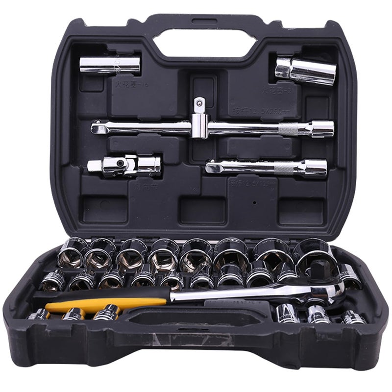 Deli EDL1032 1/2" 32Pcs Socket Set Cr-V with Heavy-Duty Case 3-Way Sliding & Universal Joint Extension Bar Ratchet Wrench Dodecagon Spark Plug Sockets Home DIY Industrial Professional (1Pc) - Image 1