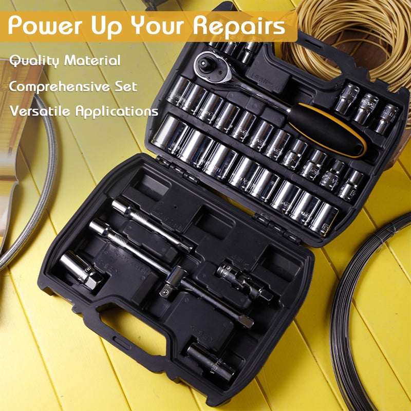 Deli EDL1032 1/2" 32Pcs Socket Set Cr-V with Heavy-Duty Case 3-Way Sliding & Universal Joint Extension Bar Ratchet Wrench Dodecagon Spark Plug Sockets Home DIY Industrial Professional (1Pc) - Image 4