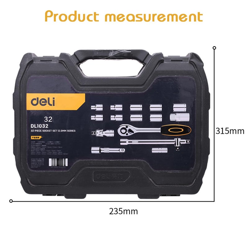 Deli EDL1032 1/2" 32Pcs Socket Set Cr-V with Heavy-Duty Case 3-Way Sliding & Universal Joint Extension Bar Ratchet Wrench Dodecagon Spark Plug Sockets Home DIY Industrial Professional (1Pc) - Image 2