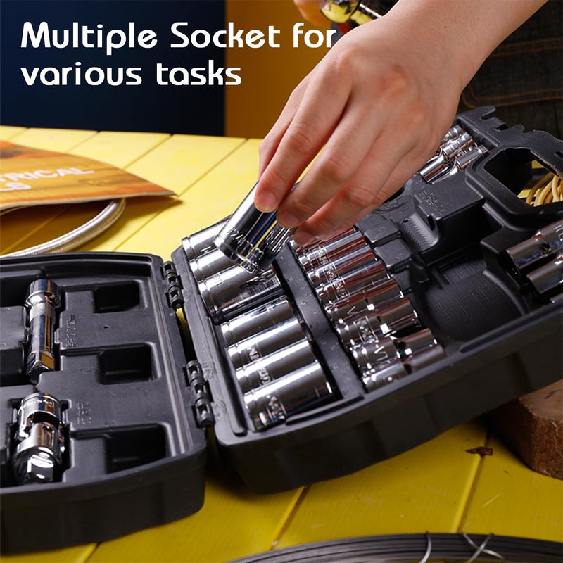 Deli EDL1032 1/2" 32Pcs Socket Set Cr-V with Heavy-Duty Case 3-Way Sliding & Universal Joint Extension Bar Ratchet Wrench Dodecagon Spark Plug Sockets Home DIY Industrial Professional (1Pc) - Image 5