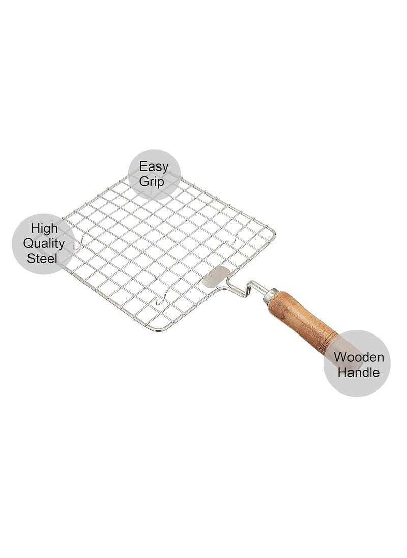 Cloudzy Cloudzy Roaster Barbecue Net Grill Steel Wire Roasting Net Charcoal Hand Warmer Rack BBQ Accessories Fish Burner Papad Jali Paneer Tandoor Net with Wooden Handle Square  - Image 3