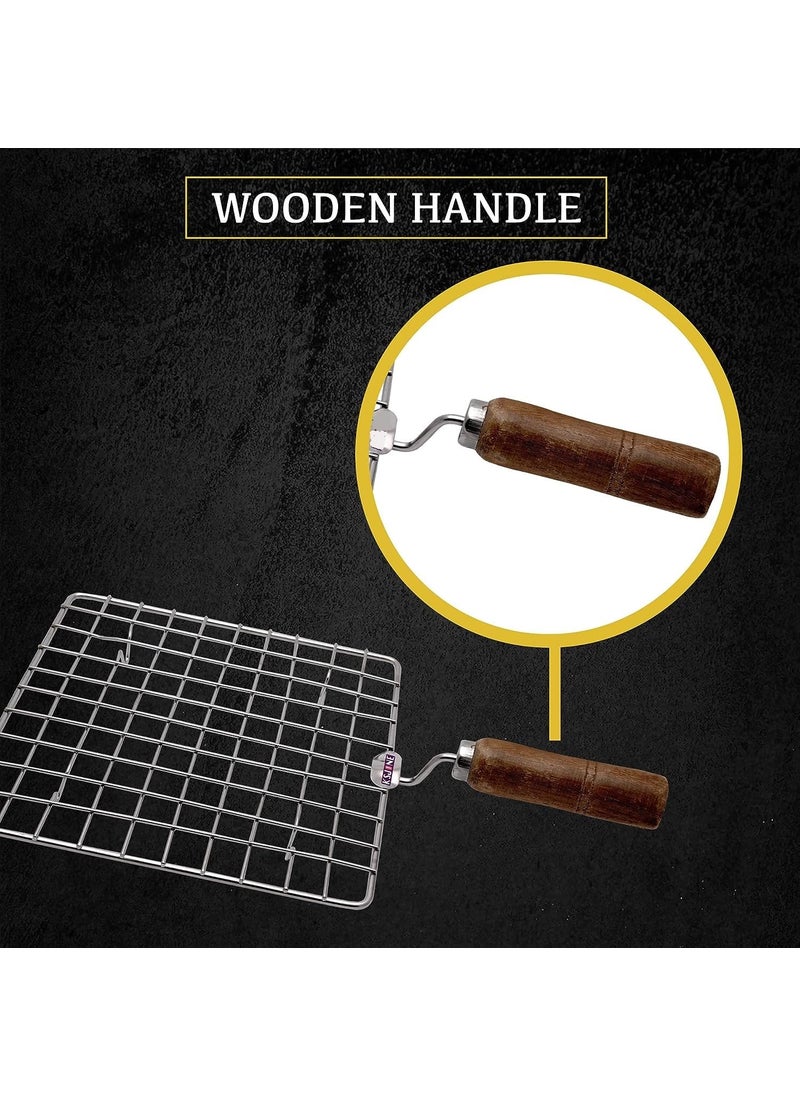 Cloudzy Cloudzy Roaster Barbecue Net Grill Steel Wire Roasting Net Charcoal Hand Warmer Rack BBQ Accessories Fish Burner Papad Jali Paneer Tandoor Net with Wooden Handle Square  - Image 5