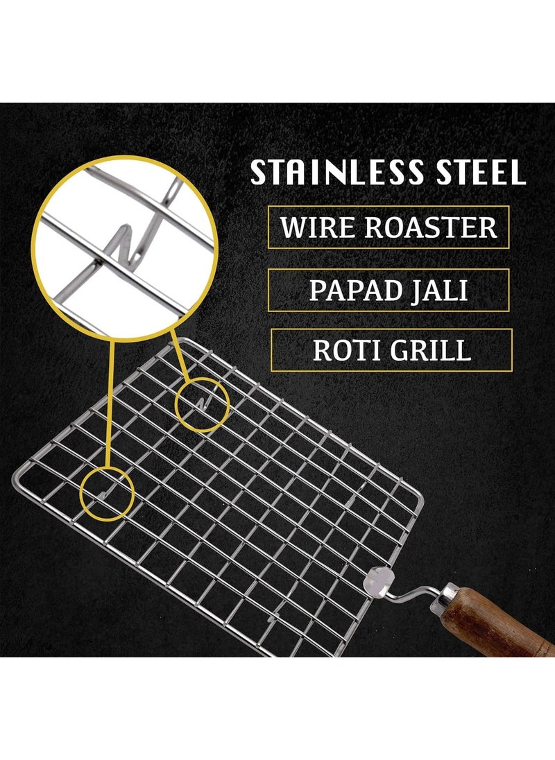 Cloudzy Cloudzy Roaster Barbecue Net Grill Steel Wire Roasting Net Charcoal Hand Warmer Rack BBQ Accessories Fish Burner Papad Jali Paneer Tandoor Net with Wooden Handle Square  - Image 4