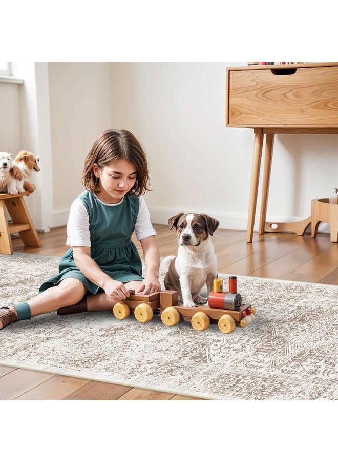 EISUROM Hallway 2'6''x16' Runner Rug - Non-Slip Vintage Long Rug for Entryway Low-Pile Washable Medallion Runner for Hallway Waterproof Traditional runner Rug Indoor Thin Rug for Kitchen (Cream/Beige) - Image 4