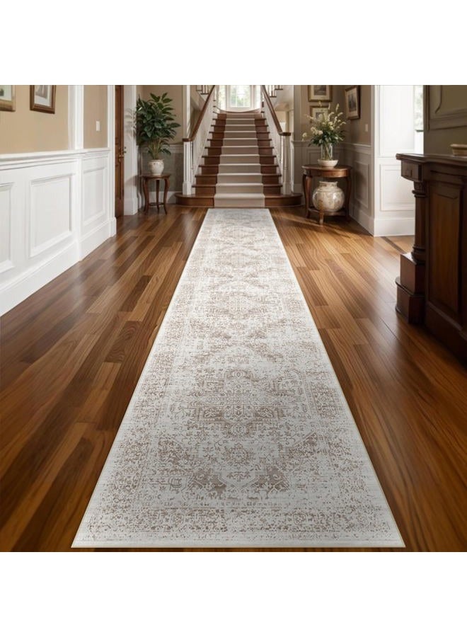 EISUROM Hallway 2'6''x16' Runner Rug - Non-Slip Vintage Long Rug for Entryway Low-Pile Washable Medallion Runner for Hallway Waterproof Traditional runner Rug Indoor Thin Rug for Kitchen (Cream/Beige) - Image 3