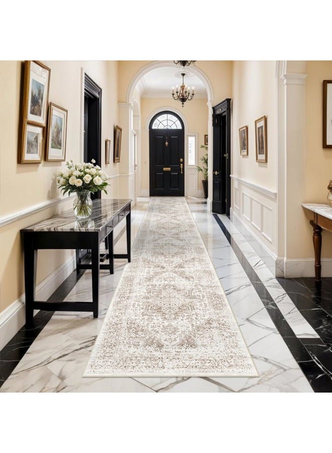EISUROM Hallway 2'6''x16' Runner Rug - Non-Slip Vintage Long Rug for Entryway Low-Pile Washable Medallion Runner for Hallway Waterproof Traditional runner Rug Indoor Thin Rug for Kitchen (Cream/Beige) - Image 1