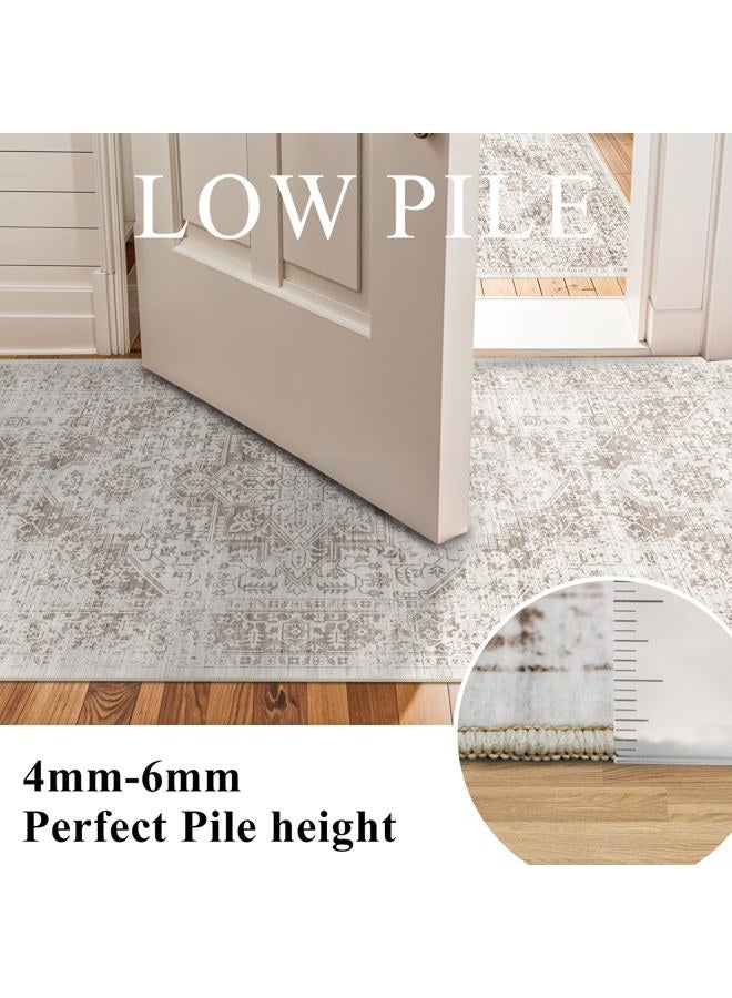 EISUROM Hallway 2'6''x16' Runner Rug - Non-Slip Vintage Long Rug for Entryway Low-Pile Washable Medallion Runner for Hallway Waterproof Traditional runner Rug Indoor Thin Rug for Kitchen (Cream/Beige) - Image 5