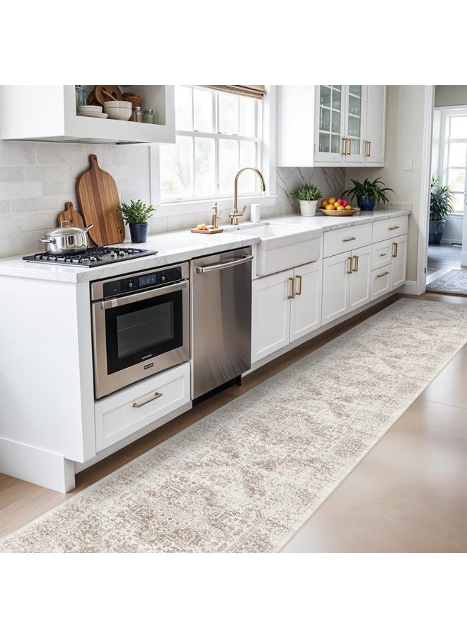 EISUROM Hallway 2'6''x16' Runner Rug - Non-Slip Vintage Long Rug for Entryway Low-Pile Washable Medallion Runner for Hallway Waterproof Traditional runner Rug Indoor Thin Rug for Kitchen (Cream/Beige) - Image 2