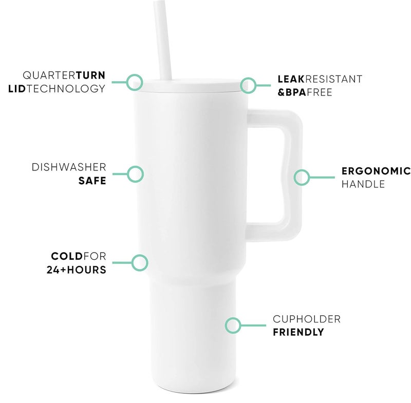 Vasukie 1200 ML Stainless Steel Tumbler with Handle and Lid,2 Straw | 100% Leakproof Travel Mug Water Cup for Gym, Office & Outdoor Use (White) - Image 2