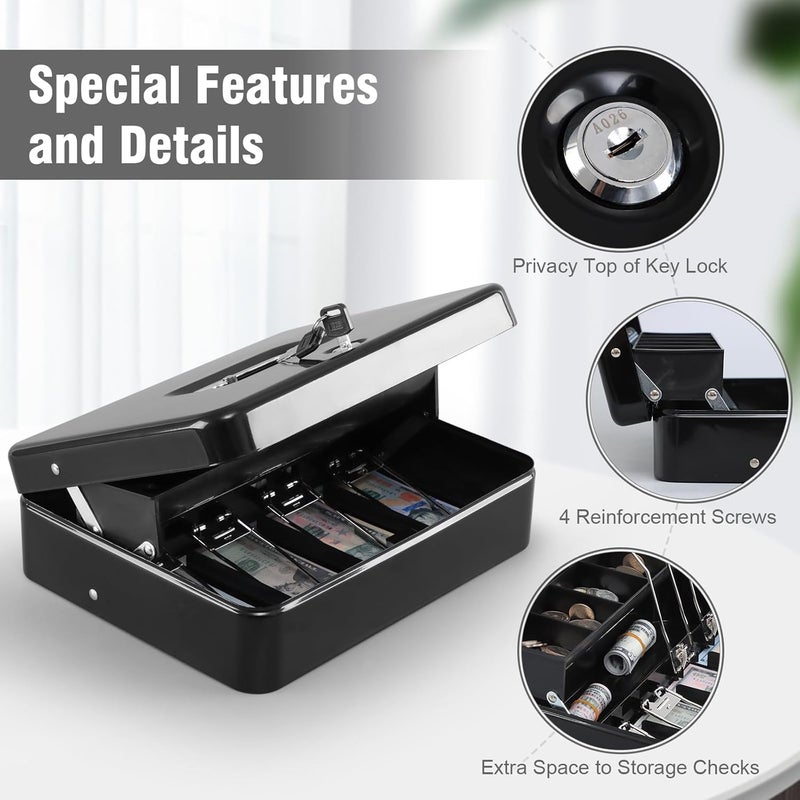 KYODOLED Locking Cash Box with Top Lock,Money Box with Cash Tray,4 Bill/5 Coin Slots,Lock Safe Box with Key,Money Saving Organizer,11.81Lx 9.45Wx 3.54H Inches,Black XL Large - Image 5