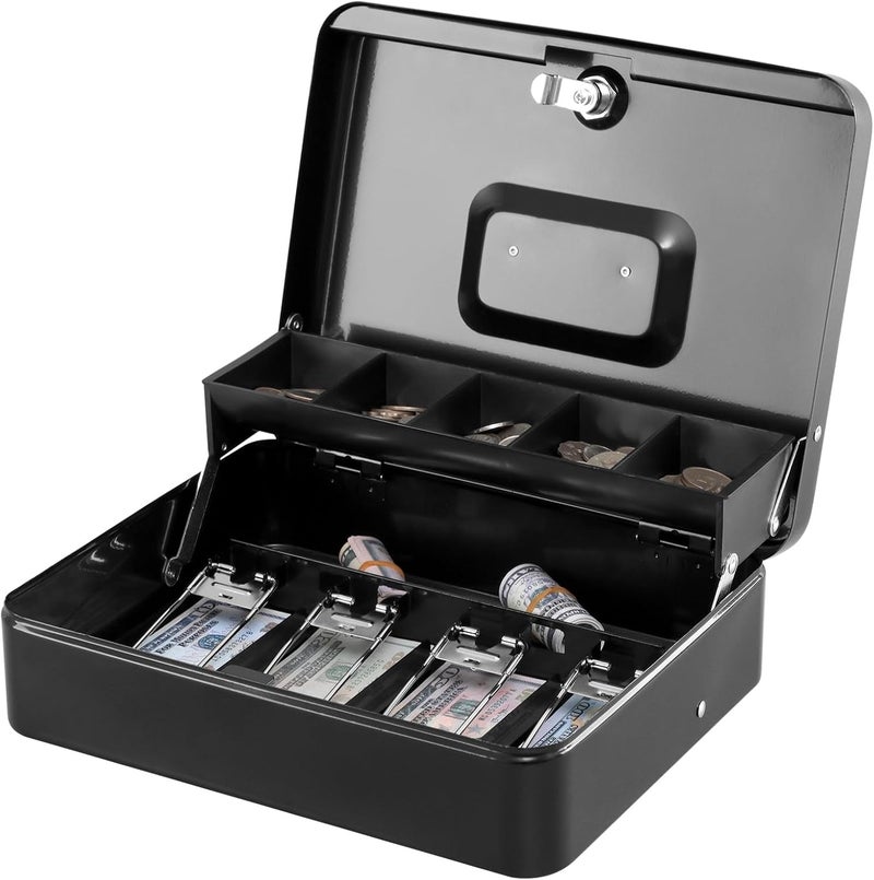 KYODOLED Locking Cash Box with Top Lock,Money Box with Cash Tray,4 Bill/5 Coin Slots,Lock Safe Box with Key,Money Saving Organizer,11.81Lx 9.45Wx 3.54H Inches,Black XL Large - Image 1
