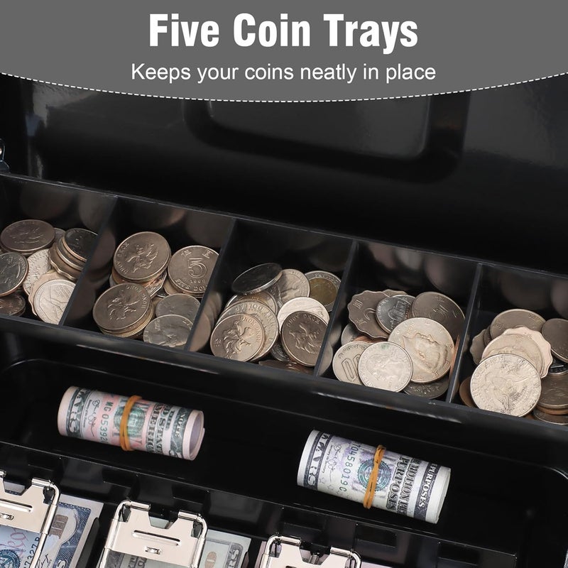 KYODOLED Locking Cash Box with Top Lock,Money Box with Cash Tray,4 Bill/5 Coin Slots,Lock Safe Box with Key,Money Saving Organizer,11.81Lx 9.45Wx 3.54H Inches,Black XL Large - Image 4